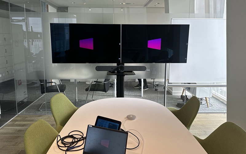 Photo of Audio visual installation by CatonLloyd’s experienced technical team, including a dual screen HD display, a Logitech Rally Bar video conferencing camera for excellent visual clarity.