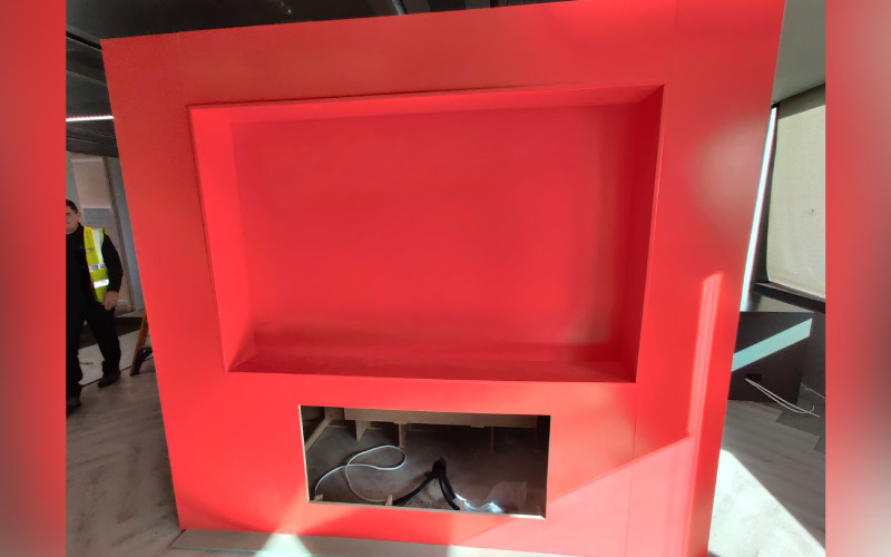 Installation of custom, interactive audio visual and digital display cabinet underway by CatonLloyd Audio Visual for games developer, Manchester